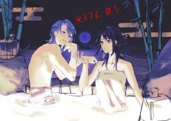  1boy 1girl abstract_background absurdres back bare_arms bare_back bare_shoulders blue_hair blunt_bangs chinese_commentary closed_mouth collarbone couple from_side genshin_impact hair_between_eyes hair_up hand_up head_tilt hetero highres kamisato_ayato looking_down looking_to_the_side mole mole_under_eye mole_under_mouth naked_towel parted_lips purple_eyes purple_hair raiden_shogun ripples sauna short_hair towel water zai_aoye_wo_shi_gou 