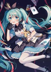  1girl absurdres aqua_eyes aqua_hair black_bow black_bowtie black_dress black_gloves black_hairband black_ribbon black_shoes blue_dress blush bow bowtie breasts card character_doll dress gloves hair_ribbon hairband hatsune_miku high_heels highres kagamine_rin long_hair looking_at_viewer medium_breasts open_mouth pantyhose ribbon shoes skirt smile solo thighhighs twintails upper_body very_long_hair vocaloid white_pantyhose white_thighhighs yaruwashi 