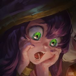 1girl :o artist_name colored_skin fang female_focus gasp green_eyes hands_on_own_cheeks hands_on_own_face hozure league_of_legends long_hair lulu_(league_of_legends) nail_polish open_mouth portrait purple_hair purple_nails purple_skin solo surprised teeth wide-eyed yordle rating:Sensitive score:28 user:danbooru