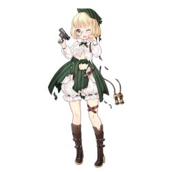  1girl arms_up binoculars blonde_hair bloomers blue_eyes blush bob_cut boots brown_boots brown_socks clenched_hand colored_shoe_soles crack cracked_glass full_body girls&#039;_frontline green_hat green_ribbon green_skirt gun handgun hat hat_ribbon holding holding_gun holding_weapon holster long_sleeves looking_at_viewer monocle monocle_chain neck_ribbon official_art one_eye_closed open_mouth p99_(girls&#039;_frontline) puffy_long_sleeves puffy_sleeves ribbon ribbon-trimmed_bloomers ribbon_trim semi-rimless_eyewear shirt short_hair simple_background skirt socks solo standing tears teeth thigh_holster torn_clothes torn_shirt torn_skirt torn_socks torn_straps transparent_background trigger_discipline underwear upper_teeth_only walther walther_p99 weapon white_bloomers white_shirt zhenming 