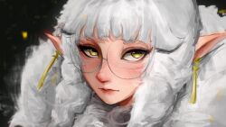  1girl brown_eyes commentary earrings elf english_commentary expressionless freckles fur-trimmed_collar fur_trim glasses highres hjeusarts jewelry looking_at_viewer original painterly pointy_ears portrait round_eyewear white_hair 