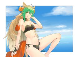  ahoge atalanta_(fate) atalanta_(formal_dress)_(fate) bikini blonde_hair blue_sky border bracelet breasts cloud day detached_collar fate/apocrypha fate_(series) flower green_eyes groin hair_flower hair_ornament hand_in_own_hair highres hikichi_sakuya jewelry long_hair looking_at_viewer multicolored_hair navel outside_border side-tie_bikini_bottom sky small_breasts smile spread_legs swimsuit thighs white_border  rating:Sensitive score:23 user:danbooru