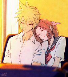  1boy 1girl aerith_gainsborough alternate_costume alternate_universe artist_name black_sailor_collar blonde_hair blurry blurry_foreground braid braided_ponytail brown_hair closed_eyes closed_mouth cloud_strife collared_shirt couple dated final_fantasy final_fantasy_vii hair_between_eyes hair_ribbon hetero leaning_on_person long_hair neckerchief ontaff7r_ca parted_bangs parted_lips pink_ribbon red_neckerchief ribbon sailor_collar school_uniform shirt short_hair short_sleeves sidelocks single_braid sleeping spiked_hair sunset upper_body white_shirt 