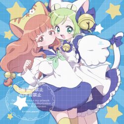  2girls :d animal_ears animal_hands apron artist_name bell blue_bow blue_bowtie blue_sailor_collar blue_skirt blush bow bowtie cat_day cat_ears cat_tail cheek-to-cheek chii_(chi_pppuri) colored_eyelashes copyright_notice cosplay cowboy_shot crossover dejiko dejiko_(cosplay) di_gi_charat dot_nose dress english_text expressionless fake_animal_ears frilled_dress frills gloves green_eyes green_hair green_neckerchief hair_bell hair_bow hair_ornament heads_together highres himitsu_no_aipri long_hair long_sleeves looking_at_viewer low_twintails maid_apron male_focus medium_dress miniskirt mitsuba_airi multiple_girls neckerchief open_mouth orange_eyes orange_hair paw_gloves pretty_series puchiko puchiko_(cosplay) sailor_collar shinomiya_rinrin shirt short_hair skirt smile standing tail tail_bow tail_ornament tareme thighhighs twintails twitter_username watermark wavy_hair wavy_sidelocks white_apron white_dress white_gloves white_shirt yellow_thighhighs zettai_ryouiki 