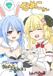  2girls :d ^_^ animal_ear_fluff animal_ears bare_shoulders black_gloves black_leotard blonde_hair blue_gemstone blue_hair blush braid breasts brown_eyes cleavage closed_eyes commentary_request don-chan_(usada_pekora) dress fur-trimmed_gloves fur_trim gem gloves highres hololive horns kiritoma leotard long_hair minecraft multiple_girls open_mouth rabbit-shaped_pupils rabbit_ears sheep_ears sheep_girl sheep_horns signature simple_background small_breasts smile strapless strapless_dress strapless_leotard symbol-shaped_pupils teeth translation_request tsunomaki_watame tsunomaki_watame_(1st_costume) twin_braids twintails upper_teeth_only usada_pekora usada_pekora_(1st_costume) very_long_hair virtual_youtuber white_background white_dress 