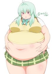  1girl absurdres belly belly_grab blush bow bowtie breasts fat fat_woman green_hair green_skirt hands_on_own_stomach highres large_breasts long_hair masakin midriff navel obese open_mouth pink_eyes plaid_clothes plaid_skirt run_elsie_jewelria school_uniform shirt skirt solo standing tight_clothes to_love-ru twitter_username vest white_background white_shirt 