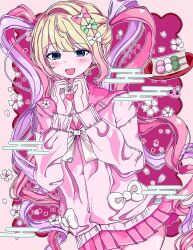  1girl :d blonde_hair bow chouzetsusaikawa_tenshi-chan colored_tips dango flower food green_eyes hair_bow heart heart_hands heart_in_heart_hands highres itomakirichan looking_at_viewer multicolored_hair multiple_hair_bows needy_girl_overdose open_mouth pink_hair pink_serafuku pink_skirt purple_hair quad_tails school_uniform serafuku skirt smile solo too_many_flowers upper_body wagashi 