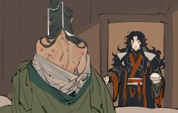  !? 2boys :d akmizuk armpit_crease back bare_back bite_mark bite_mark_on_back black_hair black_hanfu bowl brown_background chinese_clothes clothes_down curly_hair curtained_hair doorway from_behind green_hanfu hair_over_shoulder half_updo hanfu highres holding holding_bowl long_hair long_sleeves looking_at_another luo_binghe male_focus multiple_boys on_bed open_mouth opening_door parted_bangs red_eyes renzha_fanpai_zijiu_xitong ribboned_xiao_guan rice_bowl robe shen_qingqiu shoulder_blades sidelocks smile surprised undressing upper_body very_long_hair white_robe wide_sleeves xiao_guan_(headdress) yaoi zuiyin 