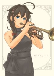 1girl absurdres ahoge alternate_costume black_dress black_hair blue_eyes bow braid dress dress_bow hair_flaps hair_over_shoulder highres instrument kantai_collection long_hair looking_at_viewer music playing_instrument pot-de shigure_(kancolle) shigure_kai_san_(kancolle) single_braid sleeveless sleeveless_dress solo trumpet white_background 