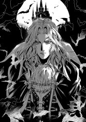  1boy absurdres alucard_(castlevania) cape castle castlevania_(netflix) castlevania_(series) chain commentary_request expressionless forehead full_moon greyscale highres keiseki1 male_focus medium_hair monochrome moon simple_bat solo upper_body 