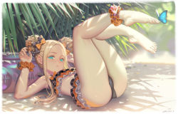 1girl abigail_williams_(emerald_float)_(fate) abigail_williams_(fate) alphonse_(white_datura) ankle_scrunchie bare_shoulders barefoot bikini black_bikini black_bow blonde_hair blush bow bug butterfly day double_bun emerald_float fate/grand_order fate_(series) feet feet_up female_focus forehead full_body hair_bow hair_bun highres innertube insect loli long_hair looking_at_viewer lying official_alternate_costume on_back orange_bow orange_scrunchie outdoors parted_bangs polka_dot polka_dot_bow sand scrunchie solo swim_ring swimsuit wrist_scrunchie rating:Questionable score:283 user:danbooru