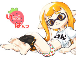  1girl bad_id bad_pixiv_id barefoot bike_shorts bike_shorts_pull clothes_writing date_pun feet female_focus food food_print fruit fruit_print inkling inkling_girl inkling_player_character kabyu loli long_hair looking_at_viewer matching_hair/eyes monster_girl navel nintendo number_pun orange_eyes orange_hair panties panties_day pointy_ears print_panties shirt short_sleeves simple_background solo splatoon_(series) splatoon_1 strawberry strawberry_panties strawberry_panties_day strawberry_print t-shirt tentacle_hair toes translated underwear white_background white_shirt 