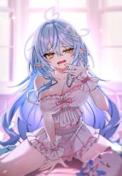  1girl ahoge blue_hair blurry blurry_background breasts camisole cleavage commentary double-parted_bangs fingernails frilled_camisole frilled_skirt frills hair_between_eyes hand_up heart heart_ahoge highres hololive indoors large_breasts long_hair looking_at_viewer messy_hair midriff miniskirt multicolored_hair official_alternate_costume official_alternate_hairstyle open_mouth pleated_skirt pointy_ears polka_dot polka_dot_camisole polka_dot_skirt saliva sidelocks sitting skirt sleepwear solo straight-on strap_slip streaked_hair tearing_up tjrwnsleo very_long_hair virtual_youtuber white_camisole white_skirt yellow_eyes yukihana_lamy yukihana_lamy_(loungewear) yukimin_(yukihana_lamy) 