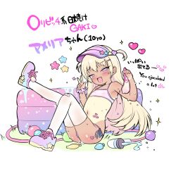  1girl bikini blonde_hair condom cum fang flat_chest full_body hair_between_eyes highres holding holding_condom hose loli long_hair looking_at_viewer mentei_yakuna mesugaki open_mouth original pool purple_eyes shoes side-tie_bikini_bottom simple_background smile sneakers solo swimsuit tan tanline thighhighs used_condom visor_cap wading_pool white_background white_thighhighs  rating:Explicit score:175 user:danbooru