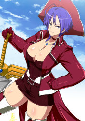  1girl blue_eyes blue_hair breasts cleavage hand_on_own_hip hat highres jewelry large_breasts looking_at_viewer love_heart_(kof) midriff necklace okyou pirate pirate_hat short_hair sky_love sword the_king_of_fighters thighhighs weapon  rating:Sensitive score:20 user:danbooru