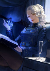  1girl book card card_with_aura champagne_bottle champagne_flute cup drinking_glass highres holding holding_book looking_at_viewer margaret_(persona) open_book pantyhose persona persona_4 phamoz red_lips smile solo velvet_room wavy_hair white_hair window yellow_eyes 