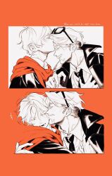  +++ 2boys beard challia_bull char_aznable closed_eyes collared_shirt commentary_request english_text eyewear_on_head facial_hair glasses greyscale gundam gundam_gquuuuuux highres jacket kena131 kiss kissing_cheek kissing_forehead long_sleeves looking_at_another male_focus monochrome multiple_boys mustache necktie open_mouth profile shirt short_hair smile spot_color yaoi 