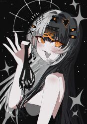  1girl bandaid bandaid_hair_ornament black_hair breasts commentary grey_hair hair_ornament heart highres hololive hololive_english kozimo123456 light_blush medium_breasts multicolored_hair open_mouth orange_eyes shiori_novella solo split-color_hair two-tone_hair virtual_youtuber x_hair_ornament yorick_(shiori_novella) 