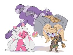  ! 2girls armor blonde_hair blue_skin colored_skin crossover eye_contact fewer_digits full_body hammer holding holding_hammer huge_weapon league_of_legends light_blush looking_at_another multiple_girls nintendo open_mouth pink_skin pointy_ears pokemon pokemon_(creature) pome2511 poppy_(league_of_legends) purple_eyes shoulder_plates simple_background standing tinkaton twintails war_hammer weapon weapon_connection white_background yordle 