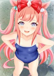  1girl :3 agnes_digital_(umamusume) animal_ears blue_eyes blue_one-piece_swimsuit bow commentary_request competition_school_swimsuit covered_navel feet_out_of_frame from_above hair_bow hands_on_own_hips horse_ears horse_girl horse_tail long_hair looking_at_viewer naruruka0805 one-piece_swimsuit pink_hair school_swimsuit smile solo swimsuit tail two_side_up umamusume 