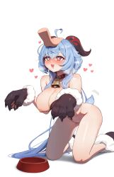 1girl absurdres ahoge animal_hands bell blue_hair breasts cat_paws dog_bowl ganyu_(genshin_impact) genshin_impact gloves hand_on_another&#039;s_head headpat heart heart-shaped_pupils highres horns keureu_(tiqkdtiqkd10) large_breasts long_hair nipples nude open_mouth paw_gloves pet_play purple_eyes short_tail symbol-shaped_pupils tail tail_wagging rating:Explicit score:100 user:ASadMonkie