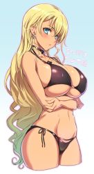 10s 1girl bikini black_bikini blonde_hair blue_eyes blush breast_hold breasts choker claire_harvey covered_erect_nipples crossed_arms earrings female_focus gradient_background groin highres huge_breasts hundred_(light_novel) jewelry long_hair looking_at_viewer navel ookuma_nekosuke panties shiny_skin side-tie_bikini_bottom simple_background solo swimsuit tan underwear rating:Sensitive score:192 user:danbooru
