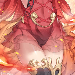 1girl anthuria backless_dress backless_outfit cameltoe dress erune fire granblue_fantasy navel panties see-through_clothes shiny_skin side-tie_panties solo thighhighs thighs torimaru underwear rating:Questionable score:73 user:danbooru