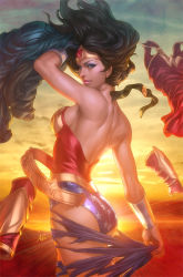armband ass back backless bare_back black_hair blue_eyes bracelet breasts dc_comics headband jewelry looking_back muscular stanley_lau tiara torn_clothes wonder_woman rating:Sensitive score:25 user:gougetsu00