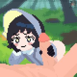  animated animated_gif black_eyes black_hair blush_stickers bush clothed_female_nude_male highres loli mesugaki nintendo no_panties nude outdoors penis penis_grab pixel_art pokemon pokemon_sv poppy_(pokemon) short_hair smug tree xmias 