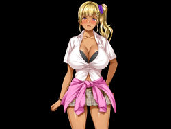 1girl black_bra blonde_hair blush bra breasts buttons cleavage clothes_around_waist cowboy_shot dark-skinned_female dark_skin female_focus ganguro gyaru hair_ornament hairclip highres huge_breasts legs long_hair looking_at_viewer miniskirt mole mole_under_eye monpuchi natsuyasumi_ake_no_kanojo_wa..._charao_gonomi_no_kuro_gal_bitch_ni:_kouhen navel navel_piercing original parted_lips piercing plaid_clothes plaid_skirt purple_eyes school_uniform side_ponytail simple_background skirt smile solo standing sweater sweater_around_waist thighs underwear rating:Sensitive score:37 user:Ynyswydryn