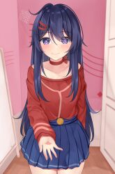  1girl absurdres artist_name blue_skirt blush choker collarbone cowboy_shot eye_visible_through_hair hair_ornament hairclip highres kind_mita_(miside) looking_at_viewer messy_hair mirror miside mita_(miside) pleated_skirt purple_eyes purple_hair reaching reaching_towards_viewer red_choker red_sweater reyz_nekomimi sidelocks skirt smile solo straight_hair sweater thighs  rating:General score:21 user:truesword24