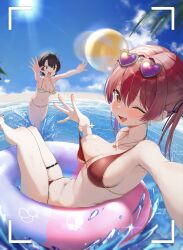  00s1g00 2girls ;d absurdres ball beach beachball bikini black_hair blue_eyes blue_sky bow bow_hairband breasts cleavage cloud commentary_request day double-parted_bangs eyewear_on_head hair_between_eyes hair_bow hair_ribbon hairband halterneck heart heart-shaped_eyewear highres hololive houshou_marine houshou_marine_(summer) innertube jewelry large_breasts long_hair looking_at_viewer lying motion_blur multiple_girls navel necklace ocean official_alternate_costume on_back on_innertube one_eye_closed oozora_subaru oozora_subaru_(hololive_summer_2019) open_mouth outdoors outstretched_arm palm_leaf polka_dot_hairband red_bikini red_hair red_ribbon ribbon running selfie short_hair sky smile stomach strap_lift string_bikini striped_bikini striped_clothes sunglasses swim_ring swimsuit thigh_strap twintails viewfinder virtual_youtuber water yellow_bikini yellow_eyes 
