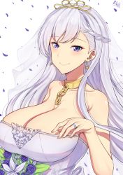 1girl absurdres artist_name asymmetrical_bangs azur_lane band-width belfast_(azur_lane) belfast_(the_pledge_of_claddagh)_(azur_lane) blue_flower blush bouquet braid breasts bridal_veil chain cleavage closed_mouth collar collarbone dress earrings female_focus flower french_braid frills half_updo highres huge_breasts jewelry lily_(flower) long_hair looking_at_viewer nail_polish petals pink_nails ring silver_hair smile solo star_(symbol) star_earrings strapless strapless_dress tiara upper_body veil very_long_hair wedding_band wedding_dress white_flower wind rating:Sensitive score:43 user:danbooru