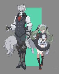  1boy 1girl absurdres animal_ear_fluff apron black_dress black_vest corin_wickes dress full_body furry furry_male green_hair grey_background grey_hair highres long_hair maid papajay_(jennygin2) shirt standing tail twintails vest von_lycaon white_apron white_shirt zenless_zone_zero  rating:General score:1 user:danbooru
