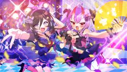  absurdres alice_hoshihime black_hair highres idol idol_clothes kamihoshi_project oni oni_girl purple_eyes purple_hair red_eyes syd_karasukami unusual_pupils 