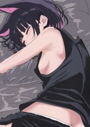  1girl animal_ears ass black_hair black_shorts black_tank_top blue_archive blush breasts butt_crack closed_mouth commentary_request cowboy_shot downpants highres kazusa_(blue_archive) lying no_bra on_side panties panty_peek ryouta_(ryouta335) short_hair short_shorts shorts sideboob sketch sleeping solo tank_top underwear white_panties 