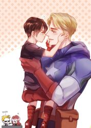 1girl 3boys aged_down animification annoyed arrow_(projectile) avengers_(series) bare_shoulders black_bodysuit black_shirt black_shorts black_tank_top black_widow blonde_hair blue_bodysuit blue_eyes blush bodysuit boots brown_hair captain_america carrying carrying_person child clint_barton closed_eyes closed_mouth commentary covered_collarbone english_commentary gloves hand_on_another&#039;s_face hawkeye_(marvel) highres holding holding_removed_eyewear hood hooded_bodysuit long_hair looking_at_another marvel multiple_boys muscular muscular_male natasha_romanoff pocket red_boots red_gloves red_hair shirt short_hair short_sleeves shorts smile sparkle star_(symbol) star_print steve_rogers sunglasses superhero_costume t-shirt tank_top teeth tony_stark ultimatesue unworn_eyewear v-shaped_eyebrows vertical-striped_bodysuit wavy_hair yaoi