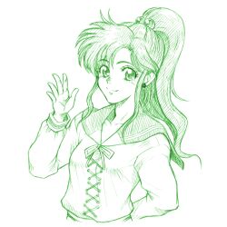  1girl bishoujo_senshi_sailor_moon earrings jewelry kino_makoto kino_makoto&#039;s_school_uniform monochrome ponytail rakshasa_(artist) school_uniform simple_background smile solo white_background 