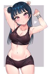 1girl arm_behind_head armpits arms_up bare_arms bare_shoulders black_shorts blue_hair blush bracer breasts cleavage closed_mouth collarbone cowboy_shot female_focus gluteal_fold grey_background groin hair_bun head_tilt heart highres legs_apart long_hair looking_at_viewer love_live! love_live!_sunshine!! medium_breasts navel pink_eyes short_shorts shorts side_bun sidelocks single_hair_bun single_side_bun solo sports_bra standing stomach sweat tem10 tsushima_yoshiko two-tone_background underwear underwear_only white_background rating:Sensitive score:95 user:danbooru