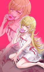  1girl 510_goto bare_shoulders barefoot blonde_hair blush blush_stickers collarbone donut dress eating fangs food highres holding holding_donut holding_food long_hair looking_at_viewer monogatari_(series) open_mouth oshino_shinobu pointy_ears ribbon sitting smile solo vampire very_long_hair yellow_eyes 