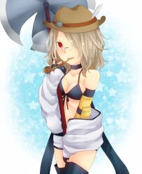  1girl armor axe bikini bikini_top_only black_bikini black_thighhighs blue_background breasts brown_hat cleavage commentary_request cowboy_shot glasses hair_over_one_eye hat holding holding_axe jumpsuit jumpsuit_around_waist kiseru looking_at_viewer mechanic_(ragnarok_online) medium_breasts medium_hair meiko_(nattu303) open_mouth pince-nez ragnarok_online red_eyes rimless_eyewear smile smoke smoking smoking_pipe solo star_(symbol) star_symbol_background swimsuit thighhighs vambraces white_jumpsuit yellow_armor 