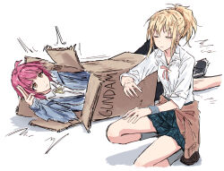 2girls ahoge bad_id bad_twitter_id black_shoes blonde_hair blue_jacket blue_skirt blunt_bangs box brown_shoes brown_sweater bullfalk cardboard_box cardboard_box_gundam closed_eyes closed_mouth clothes_around_waist collared_shirt grey_socks hand_up hood hooded_jacket jacket long_sleeves love_live! love_live!_nijigasaki_high_school_idol_club lying miniskirt miyashita_ai motion_lines multiple_girls neck_ribbon nijigasaki_school_uniform on_side pink_hair pink_ribbon plaid_clothes plaid_skirt pleated_skirt ponytail ribbon salute school_uniform shirt shoes short_hair sidelocks simple_background skirt sleeves_rolled_up sliding socks squatting sweater sweater_around_waist tennoji_rina two-finger_salute v-shaped_eyebrows white_background white_shirt wristband yellow_eyes yellow_ribbon 