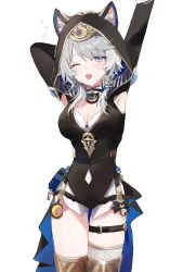  1girl ahpvfg animal_ear_fluff animal_ears animal_hood armpits belt blue_eyes breasts cat_ears cat_girl cat_hood cipher_(honkai:_star_rail) commentary grey_hair highres honkai:_star_rail honkai_(series) hood large_breasts one_eye_closed open_mouth short_shorts shorts simple_background solo stretching thigh_belt thigh_strap thighs white_background white_shorts 