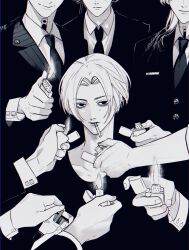  6+boys black_eyes black_jacket black_necktie black_shirt black_suit cigarette collarbone collared_shirt earrings extra_arms formal_clothes gangster haitani_ran haitani_rindou hayashi_269 head_out_of_frame highres holding holding_cigarette holding_lighter jacket jewelry kakuchou lighter long_sleeves looking_at_viewer male_focus monochrome multiple_boys necktie sano_manjirou shirt short_hair single_earring solo_focus straight-on suit teardrop tokyo_revengers unlit_cigarette_in_mouth white_hair white_shirt 