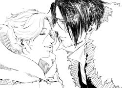  1boy 1girl black_hair castlevania_(netflix) castlevania_(series) closed_eyes collared_shirt from_side fur_trim greyscale highres hood imminent_kiss lineart monochrome opfuzhead parted_lips profile shirt short_hair sketch sypha_belnades trevor_c._belmont 