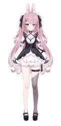  1girl absurdres animal_ear_fluff animal_ears arm_tattoo belt black_belt black_choker black_dress black_ribbon black_shoes breasts chain choker closed_mouth collarbone detached_sleeves dress full_body hair_ornament hairclip highres long_hair long_sleeves mole mole_on_breast noraneco117 original pink_eyes rabbit_ears rabbit_hair_ornament ribbon shoes single_thighhigh tattoo thigh_belt thigh_strap thighhighs virtual_youtuber white_background white_sleeves 