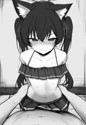  1boy 1girl absurdres animal_ears bikini blue_archive blush cat_ears frilled_bikini frills grabbing_another&#039;s_ass greyscale groping hair_ornament halo highres implied_sex midriff mitsumine_raimu monochrome navel serika_(blue_archive) serika_(swimsuit)_(blue_archive) sweat swimsuit twintails  rating:Explicit score:133 user:TheSixth