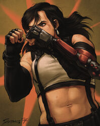  1girl artist_name black_hair clenched_hands crop_top dated earrings fighting_stance final_fantasy final_fantasy_vii fingerless_gloves gloves highres jewelry jxthics long_hair looking_at_viewer midriff mole mole_on_arm navel red_eyes solo suspenders sweat tank_top tifa_lockhart upper_body 