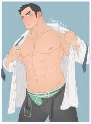 1boy abs amaimao bara bare_pectorals beard_stubble belt blush briefs bulge classic_fly_briefs collarbone ear_blush facial_hair feet_out_of_frame full-face_blush green_male_underwear grey_pants highres large_pectorals male_focus male_underwear male_underwear_peek mature_male muscular muscular_male navel necktie nipples open_belt open_clothes open_fly open_shirt original pants pectorals pubic_hair pubic_hair_peek salaryman short_hair shy solo standing stubble superman_exposure thighs underwear undone_necktie 