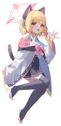  1girl :3 :d animal_ear_headphones animal_ears black_jacket black_skirt black_tail black_thighhighs blonde_hair blue_archive blue_necktie bow breasts bridal_legwear buttons cat_ear_headphones cat_ears cat_tail collared_shirt commentary dress_shirt fake_animal_ears fake_tail feet floating_neckwear frilled_jacket frills full_body hair_bow halo hand_up headphones highres jacket long_sleeves looking_at_viewer low-tied_sidelocks medium_hair miniskirt momoi_(blue_archive) multicolored_jacket necktie no_shoes off_shoulder open_mouth pink_bow pink_halo pink_jacket pleated_skirt red_eyes school_uniform shirt shirt_tucked_in sidelocks simple_background single_sleeve_past_wrist skirt smile solo stirrup_legwear suspender_skirt suspenders tail thighhighs toeless_legwear toenails toes unbuttoned unbuttoned_jacket v-shaped_eyebrows white_background white_jacket white_shirt wide_sleeves wing_collar youqia 
